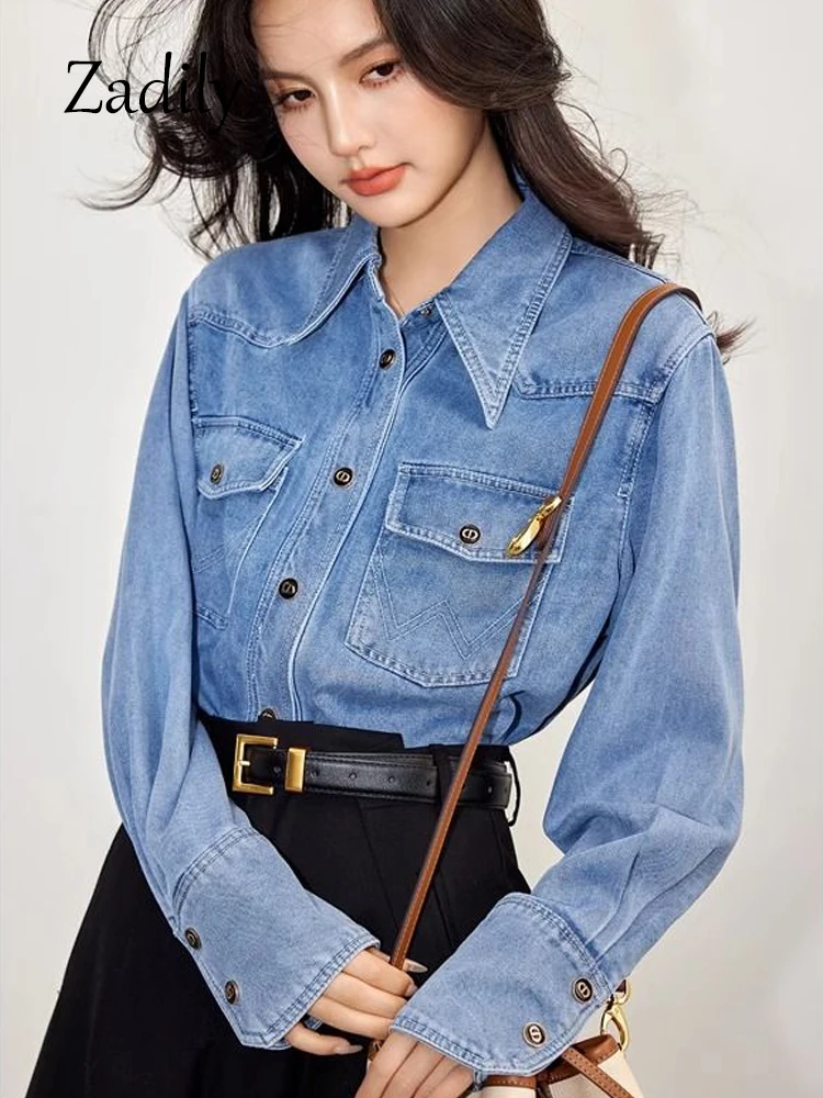 Minimalist Long Sleeve Women Denim Shirt Spring Vintage Button Up Loose Tunic Pocket Autumn Casual Turn Down Collar Clothing Top