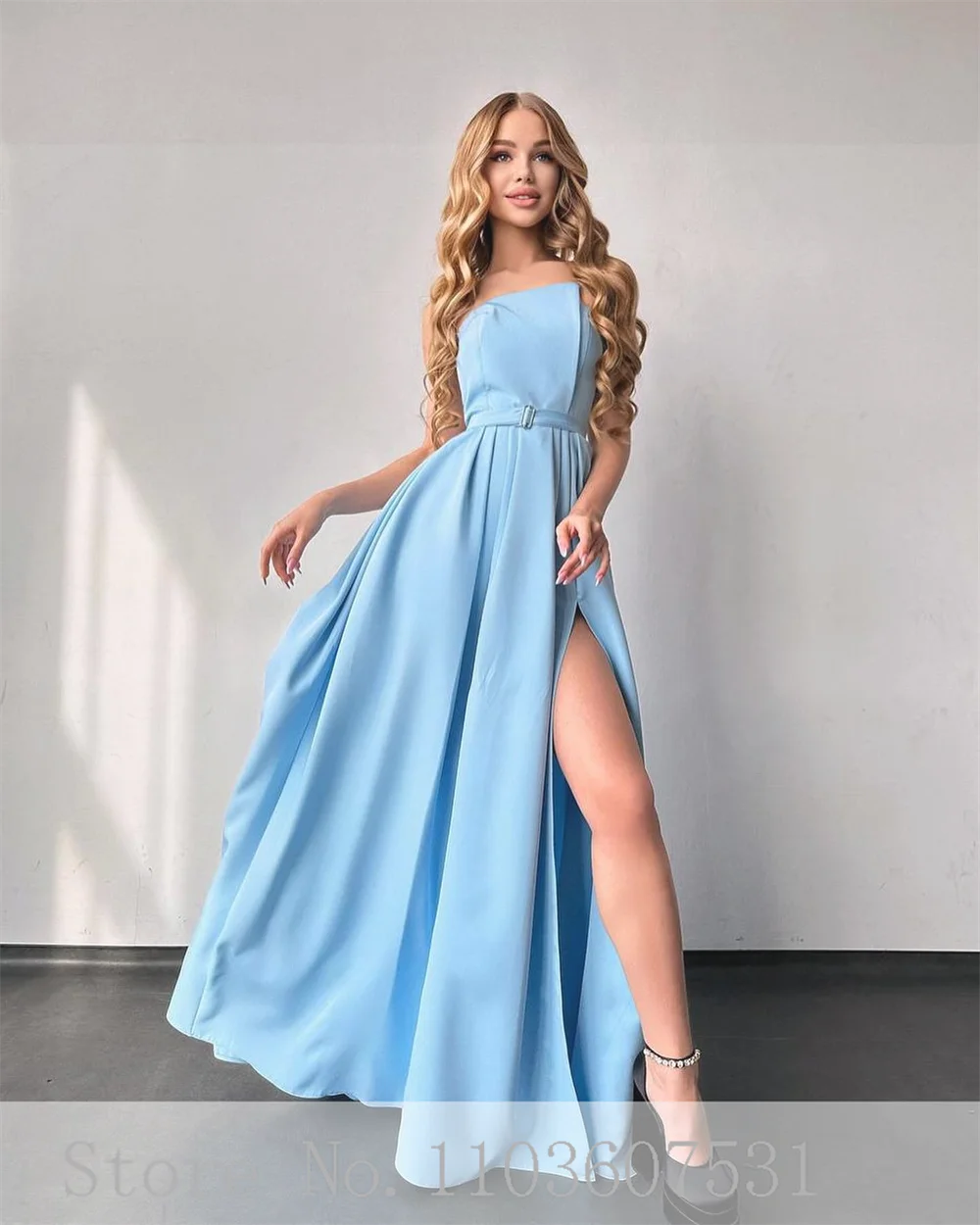 Boat Collar Satin Pleated Long Prom Dress for Women with Side Slit A-line Backless Belt Prom Party Gown vestidos de festa