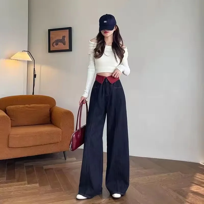 

Женские модные ковбойские брюки с отбортовками, весна-лето, новые корейские женские повседневные широкие джинсы с высокой талией, женские прямые брюки