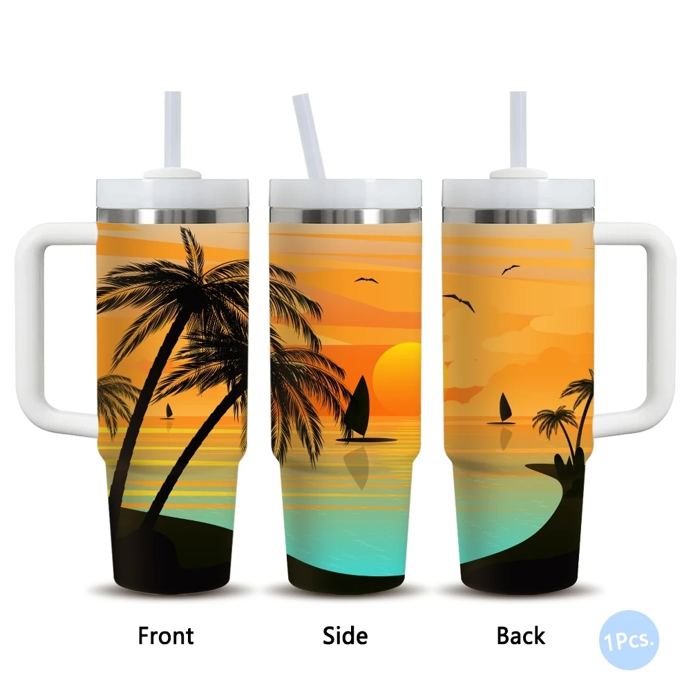 Coconut Tree Sunset Vacuum Flasks 40oz Stainless Steel Insulated Tumbler with Handle & Straw Leakproof Travel Mug