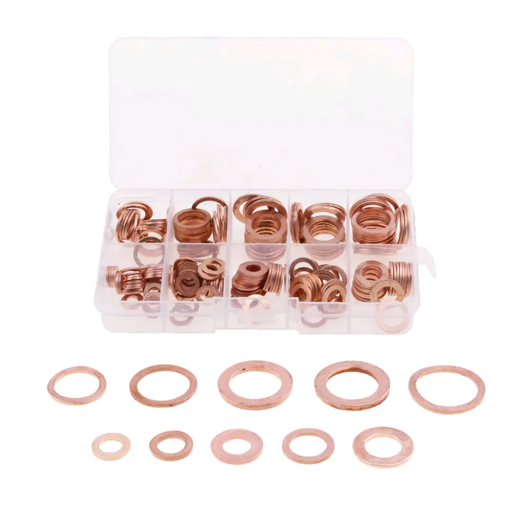 200Pcs Copper Washer Gasket Nut and Bolt Set Flat Ring Seal Assortment Kit with Box M8/M10/M12/M14 for Sump Plugs Car Products