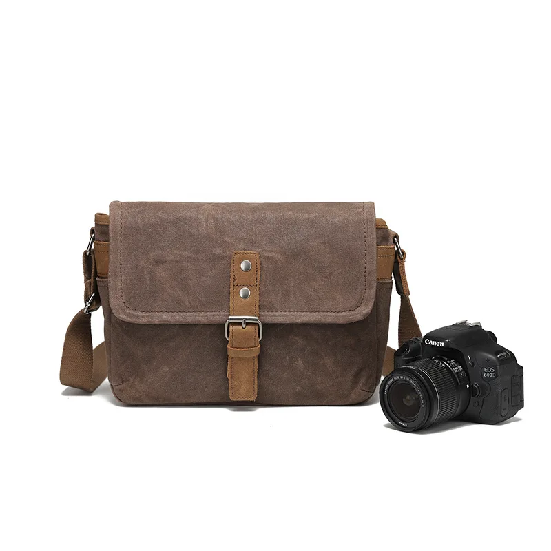 

Waxed Canvas Camera Messenger Bag Shockproof DSLR Camera Crossbody Shoulder Bag with Leather Accents Photographers Outdoor Use