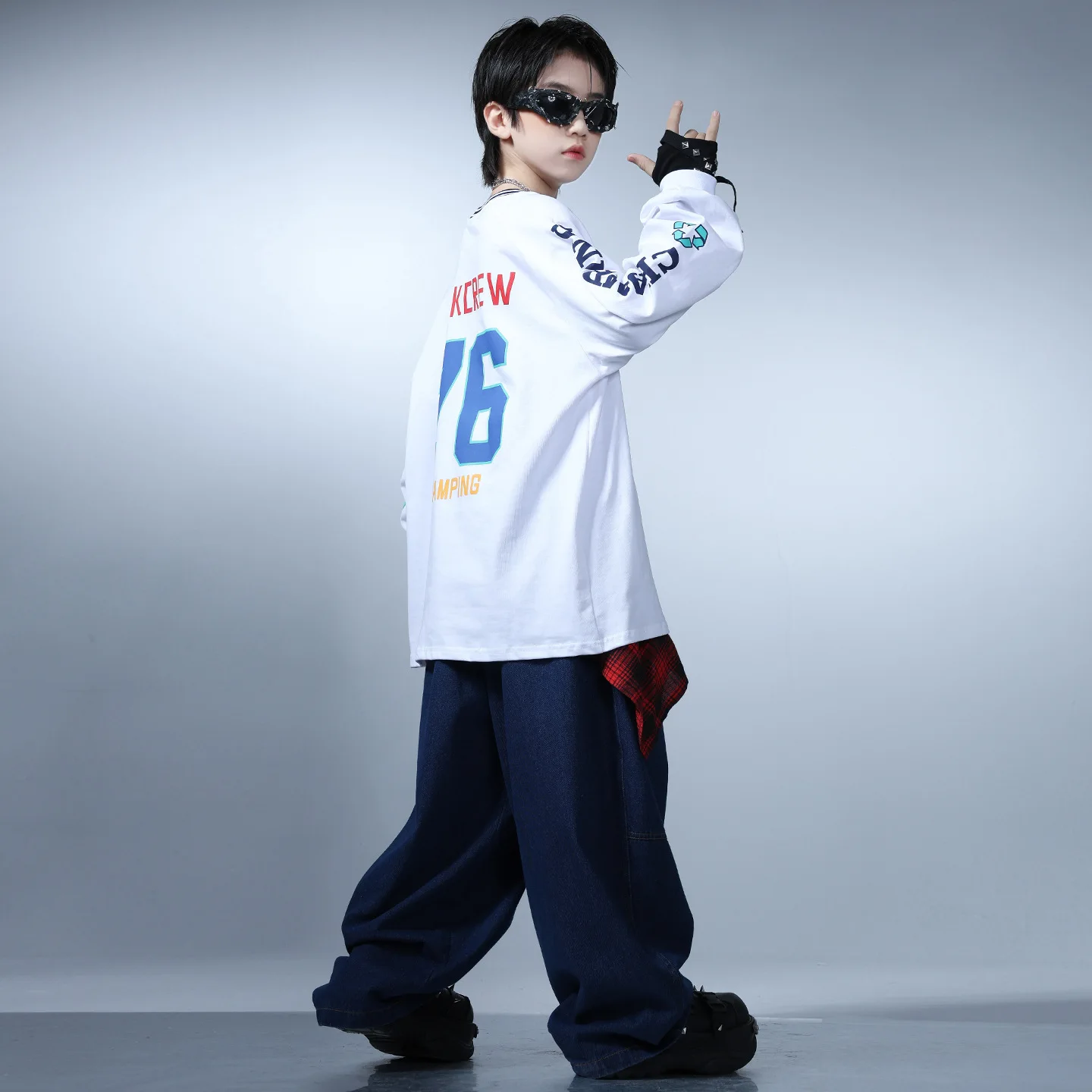 Enfant Kpop Hip Hop vêtements blanc Jersey sweat Denim bleu Jeans décontractés Baggy pantalon pour fille garçon rue danse Costumes vêtements