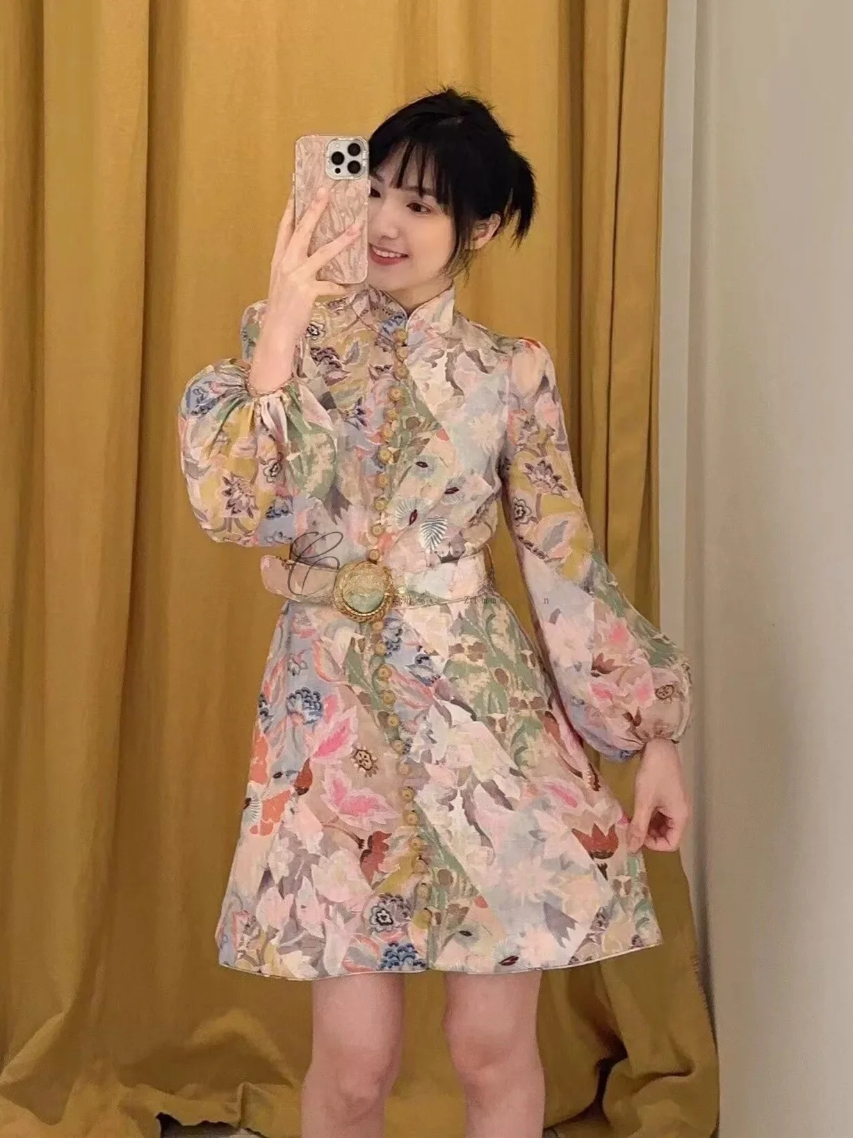 

Linen Print Belted Lantern Sve Dr High Waist A-Line Summer Women's Single Button Dr Ins Sle Casual Wear