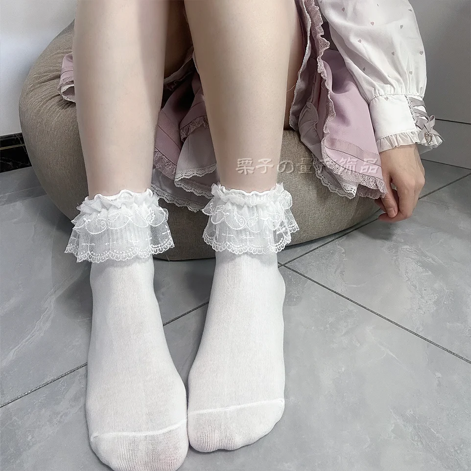 Lolita multi-layer lace calf socks spring and autumn cotton stockings JK white cute bow socks for women's sock