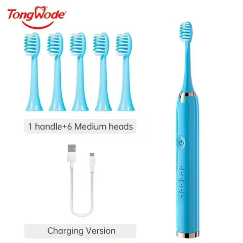 Tongwode 전기 음파 칫솔 USB 충전식 방수 전자 초음파 미백 칫솔 교체 헤드