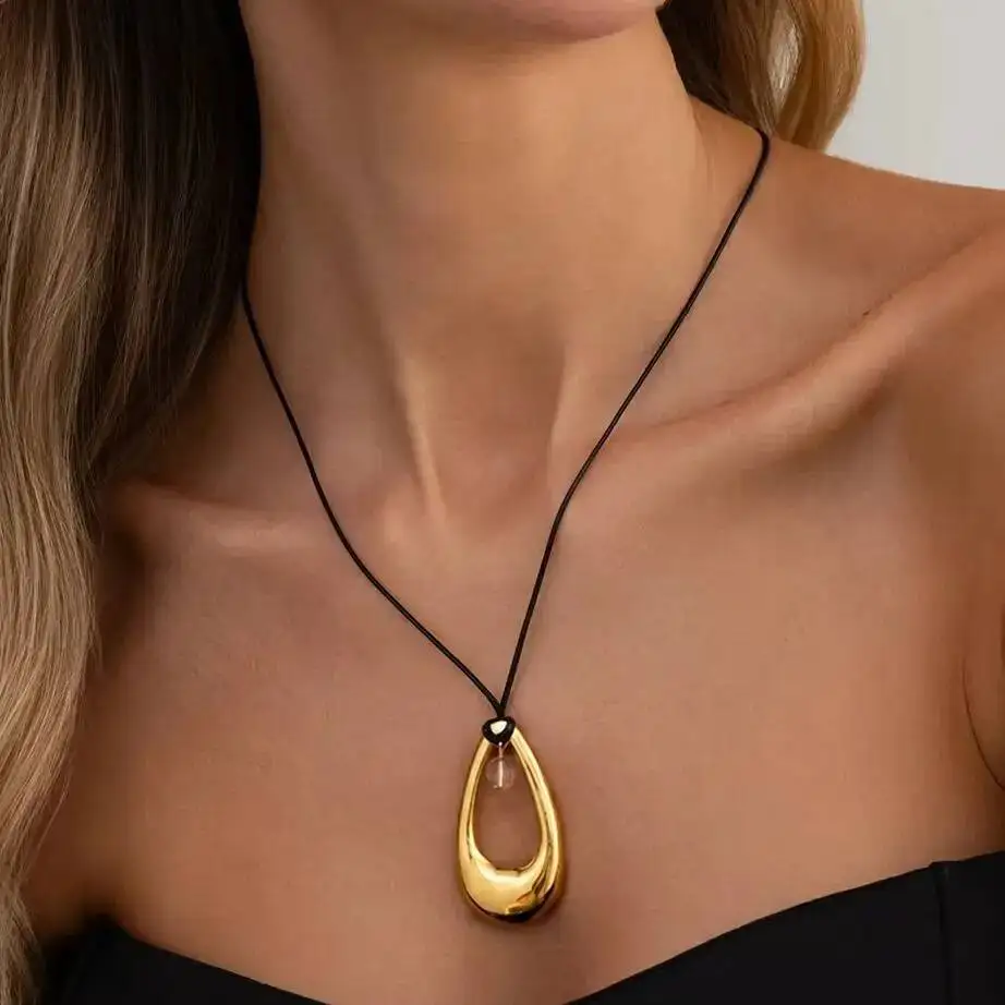 Salircon Minimalism Trendy Hollow Out Irregular Geometry Pendant Necklace for Women Unique Black Wax Thread Rope Charm Jewelry