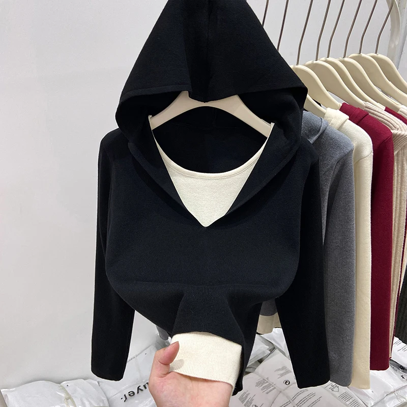 

Women's Hoodie Korean Design Sense Splicing Fake Two Piece Long Sleeved Knitted Hooded Top Autumn New Thin Sweaters