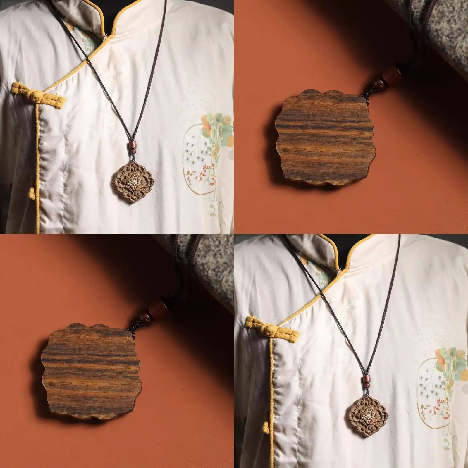Pure Natural Incense Wood Four-Leaf Clover Pendant with Sacred Lotus Flower Inlay, Single-Sided Carved with Auspicious Floral De