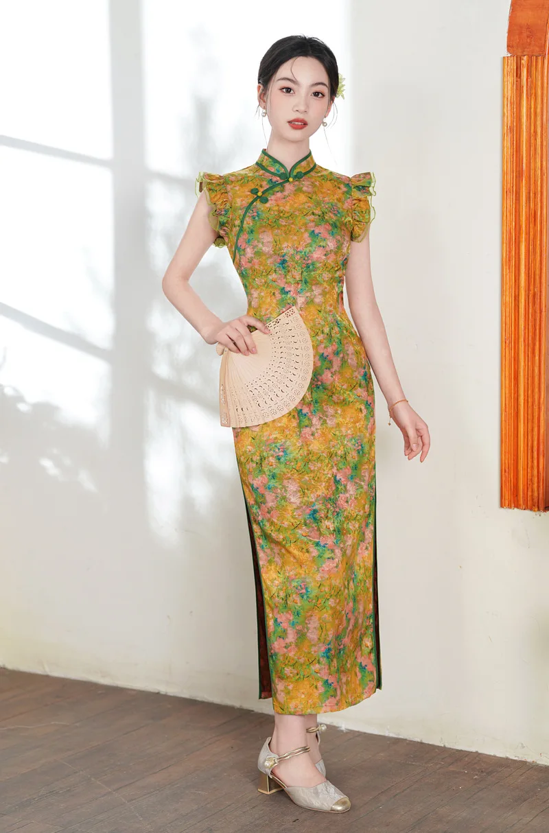 National Style Chinese Style Long Cheongsam Improved for Young Women Retro Slim Fit Dress Summer Flutter Sleeve Qipao