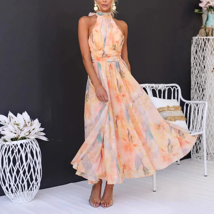 Langes Kleid für Damen, bedruckte Kleider, Neckholder, ärmellos, rückenfrei, mit Schnürung, Maxikleid, A-Linie, weiblich, 2022, Sommer, sexy Vestidos
