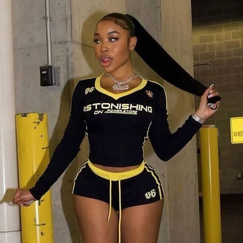 

Women Tight Hipster Letter Print Sporty 2 Piece Sets Casual Long Sleeve Crop Tops+shorts Tracksuit Vitality Matching Outfits