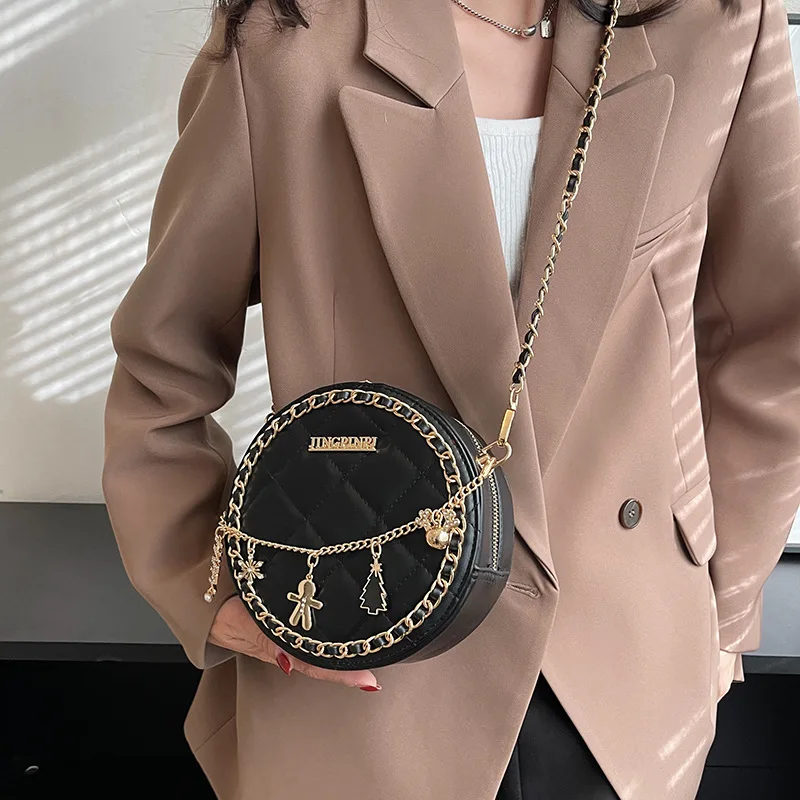 

Small Circular Women's Crossbody Bag Popular Advanced Texture Shoulder Bag New Round Diamond Lattice Chain Female Messenger Bag