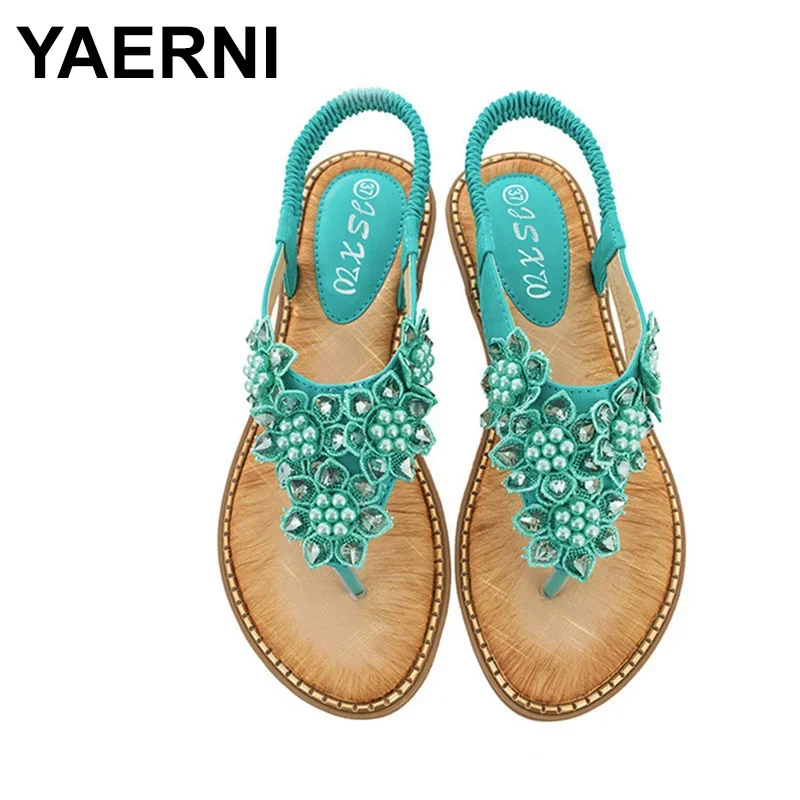 YAERNI Women Sandals New Fashion Bead Flower Round Toe Flip-flop Sandals Female Trend Summer Shoes Woman Plus Size 36-42