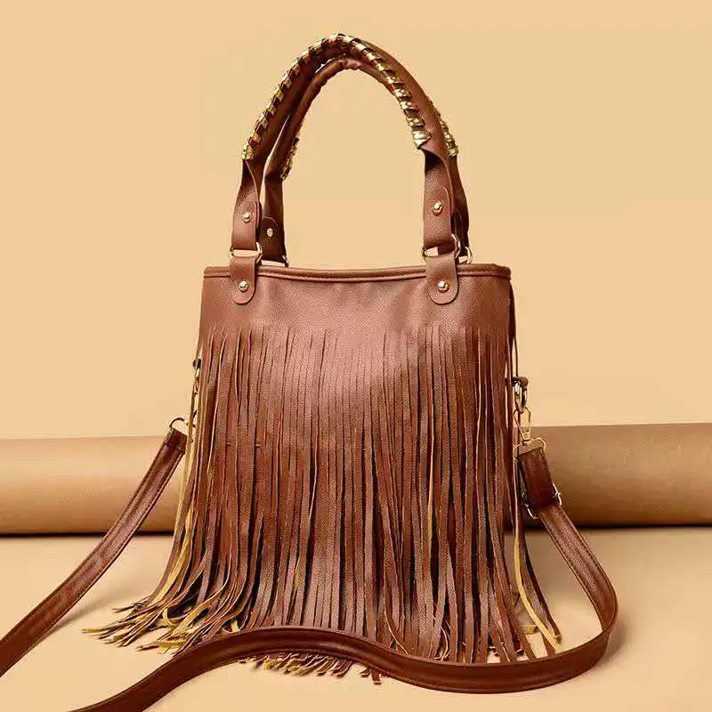 

2026 Fashion fringed vintage handbag soft leather handcrafted elegant versatile single shoulder crossbody bagSix colors