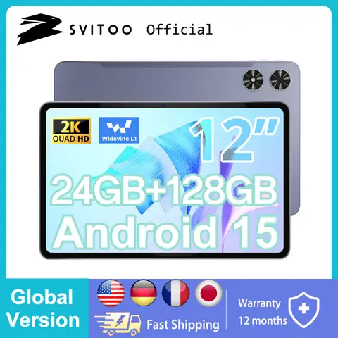 SVITOO 안드로이드 태블릿 12 인치 대형 스크린 태블릿 24GB + 128GB 2K 디스플레이 18W 고속 충전 5MP + 13MP 카메라 8000mAh 배터리 태블릿