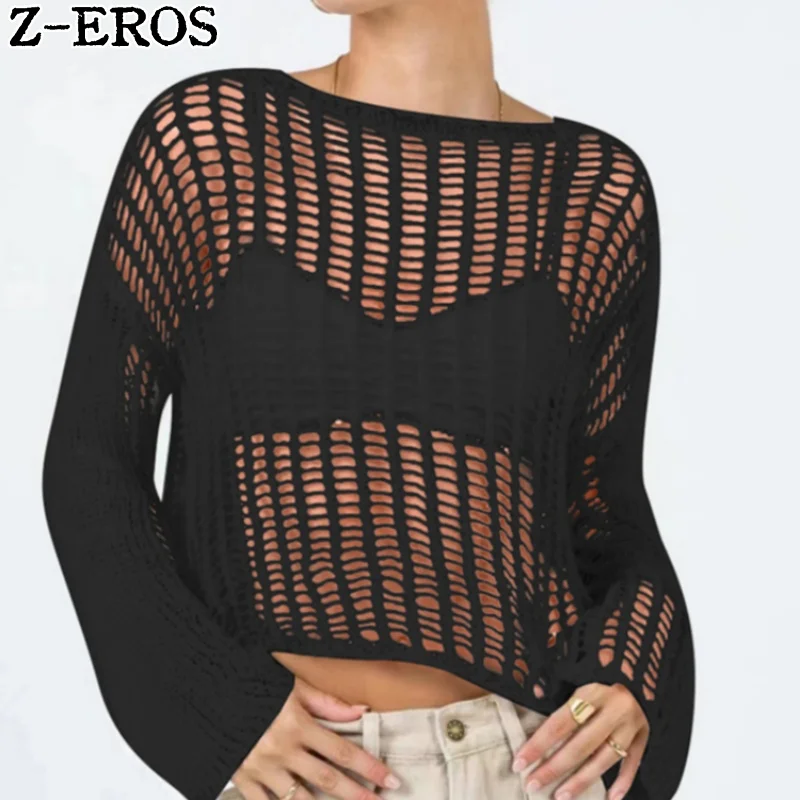 

Z-EROS Women's Thin Top Off the Shoulder Hollow Knitted Sweater Top Long sleeved Knitted Mesh Top Cover Sun Protection Outwear