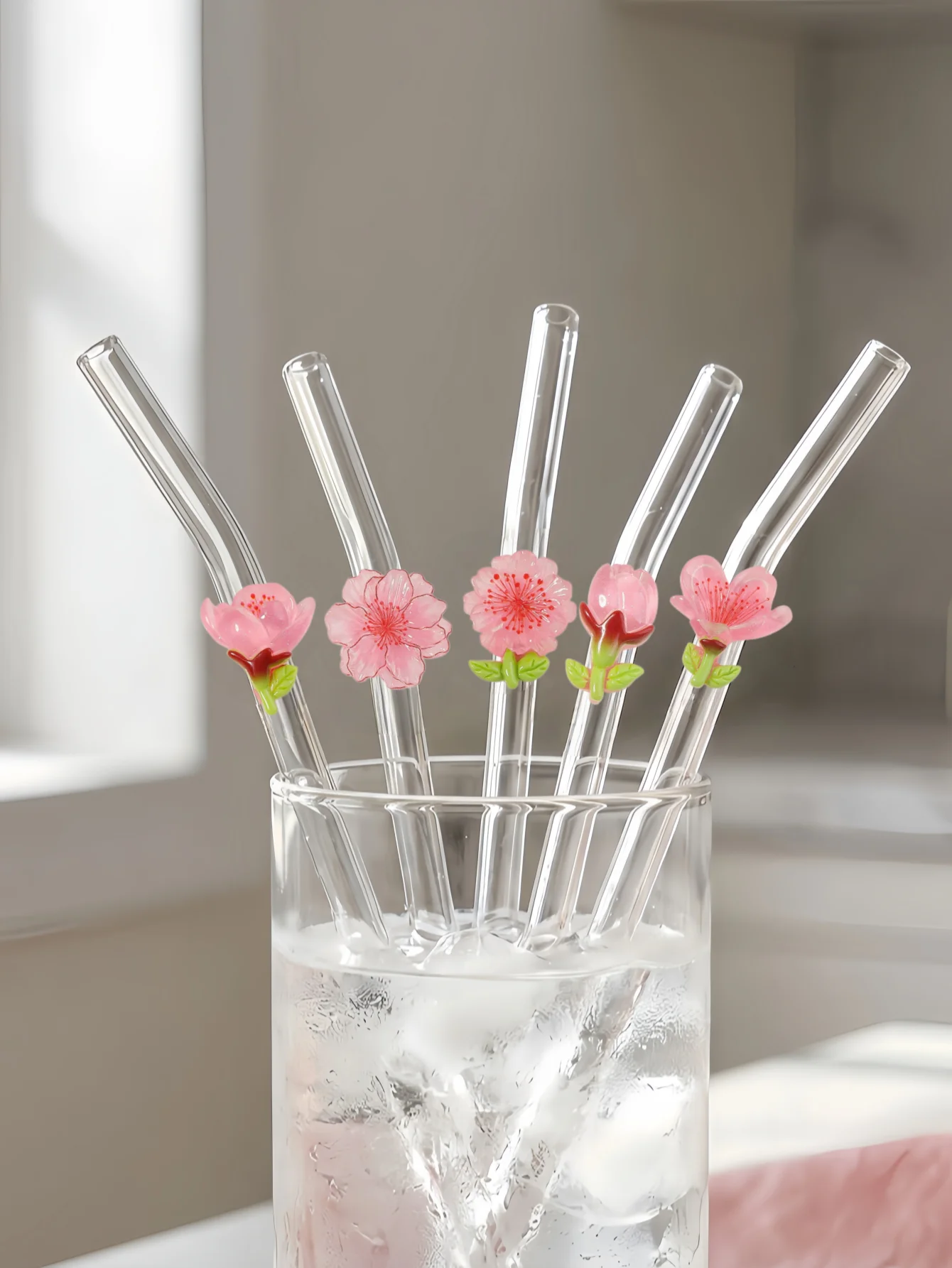 1/3/6PCS Icy Pink Flower Glass Straw,Reusable with Brush for Parties, Beach, Gifts for Christmas, Birthday.
