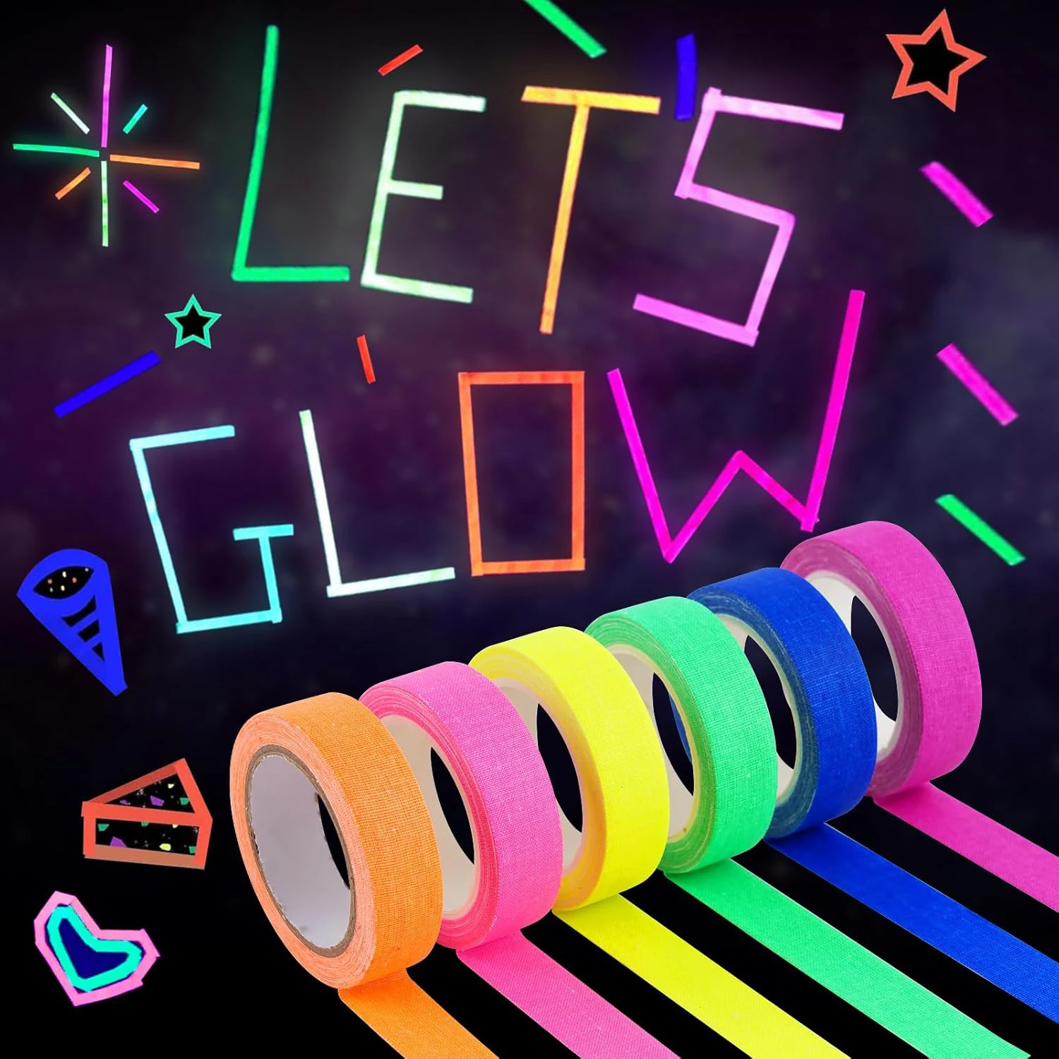

6 Colors 5-Meter Neon Gaffer Cloth Tape Fluorescent Rainbow Party Tape Non-Reflective Glow-in-the-Dark for UV Black Light