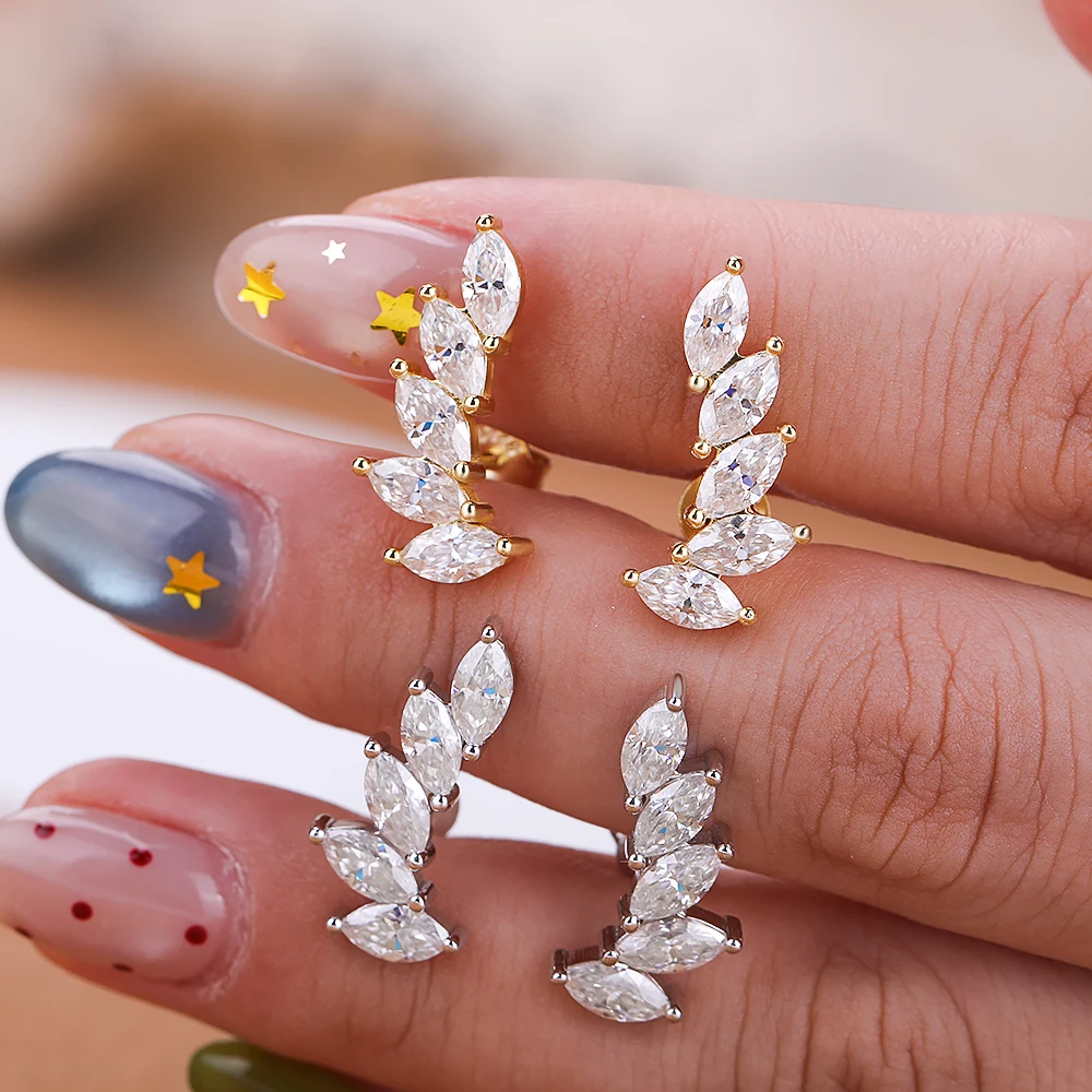 3CTTW Marquise Cut Moissanite Stud Earrings 100% 925 Sterling Silver Sparkling Leaf Climber Earrings for Women Party Jewelry