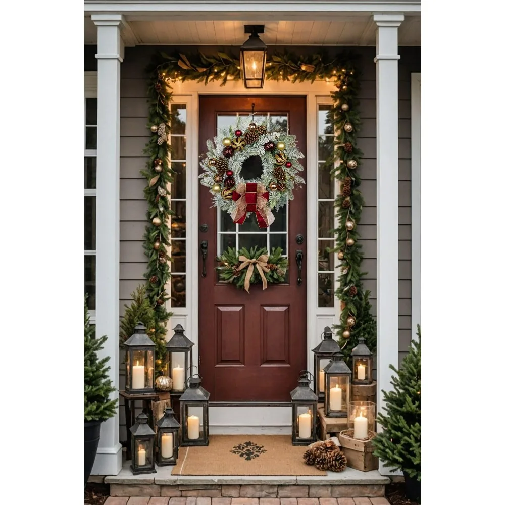 

24" Christmas Wreath for Front Door Artificial Unlit Winter Wreath with Pine Cones, Berry Clusters, Burgundy Ball Ornaments