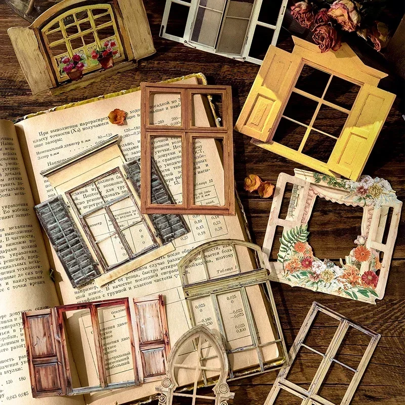 10 Pcs Vintage Hollow Window Collage Cards Stickers Pack DIY Diary Junk Journal Decoration Label Sticker Album Scrapbooking