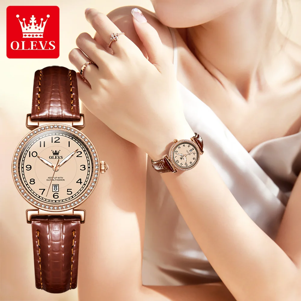 OLEVS Brand New Fashion Diamond Quartz Watch for Women Luxury Leather Strap Waterproof Luminous Hands Calendar Womens Watches