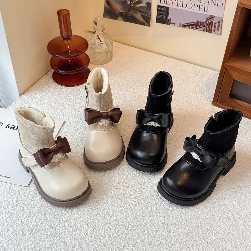 

Новые зимние детские ботинки для девочек, теплые модные ботильоны принцессы, плюшевые сапоги до щиколотки, детские хлопковые сапоги с милым бантом для свадебной вечеринки