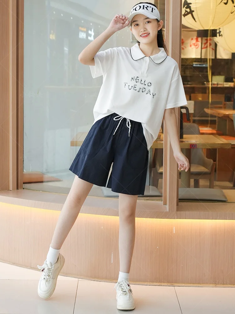 女の子夏カジュアル半袖tシャツショーツセットターンダウンカラー通気性軽量快適ファッショナブル学生服