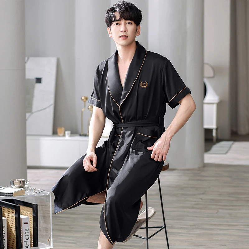 Men\'s Silk Satin Nightgown Summer Short Sleeve Simple Long Robes Pajamas Morning Robe V-Neck Home Bathrobe For Male