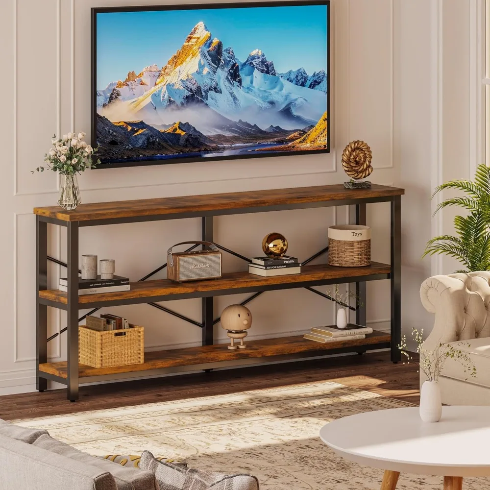 طاولة وحدة تحكم ضيقة طويلة جدًا مقاس 71 بوصة - أرفف تخزين من 3 طبقات للأريكة/طاولة مدخل لمدخل غرفة المعيشة (بني ريفي)