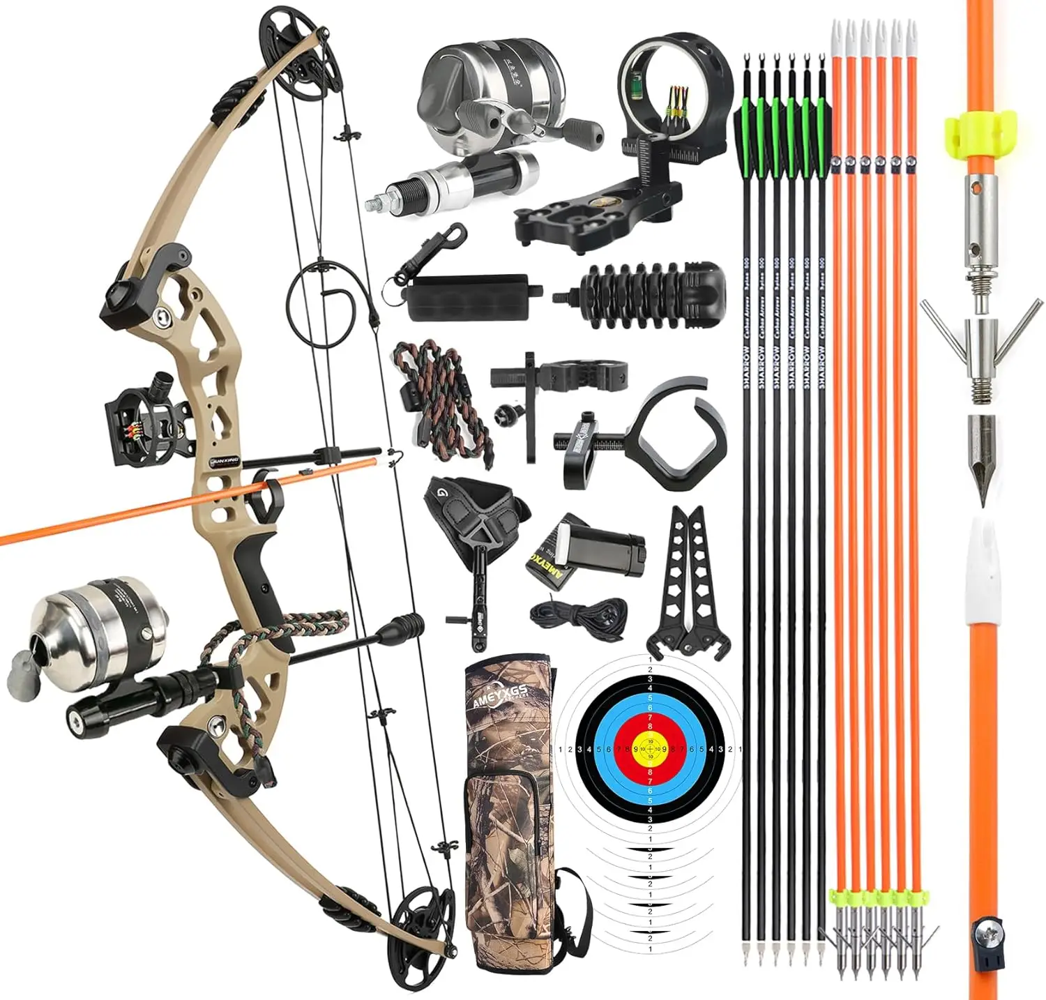 Sol elle toprak ton Bowfishing bileşik yay kiti hazır Bowfishing makara ile balık kiti, yay balıkçılık oklar sağ ve sol Han