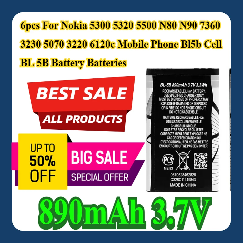 

6pcs For Nokia 5300 5320 5500 N80 N90 7360 3230 5070 3220 6120c Mobile Phone Bl5b Cell BL 5B Battery 890mAh 3.7V Batteries