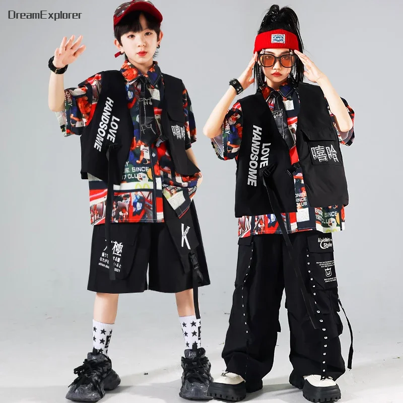 Boys Hip Hop Vest Retro Shirt Cargo Pants Girls Street Dance Shorts Clothes Sets Kids Jazz K-pop Costumes Children Streetwear