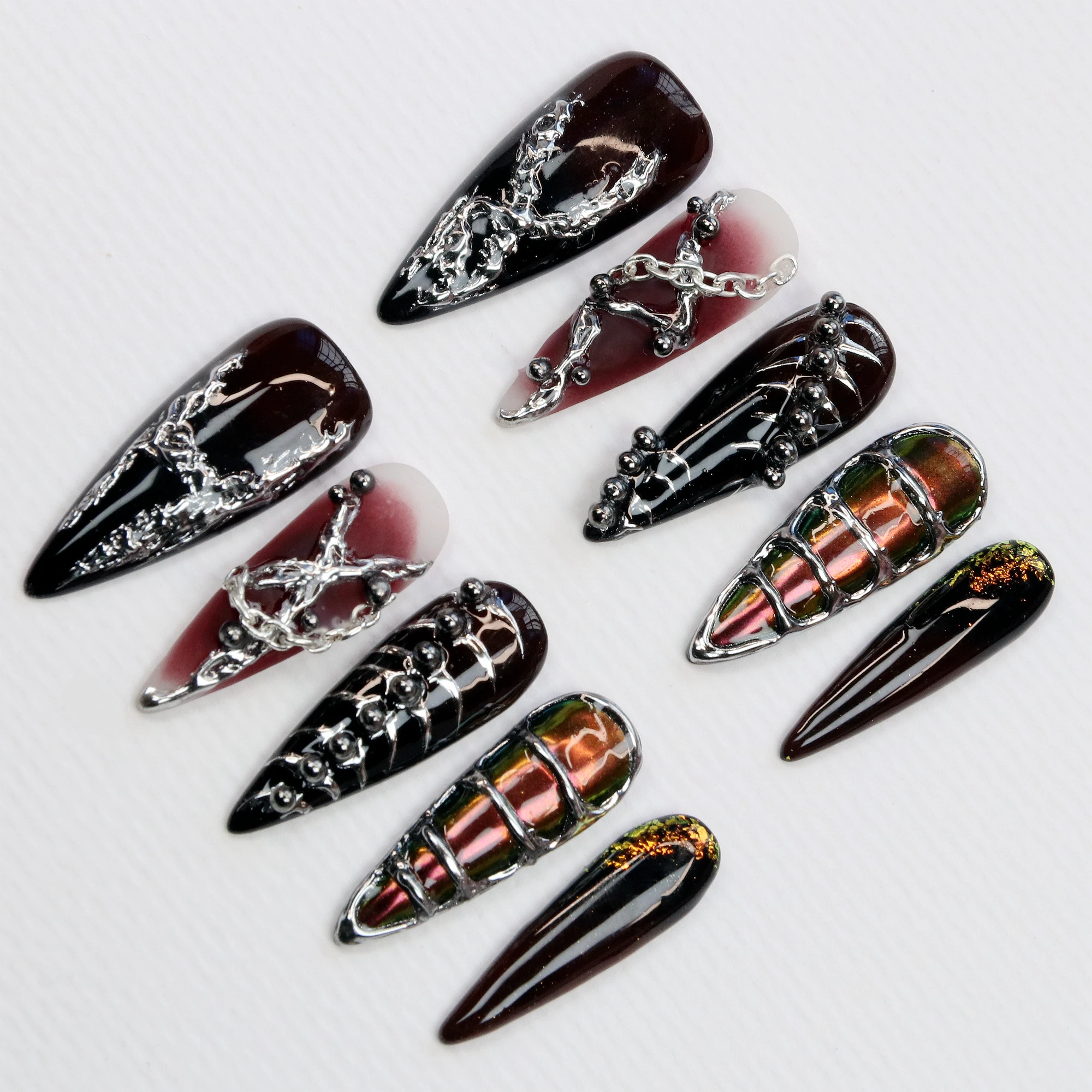 10Pcs Hand-Painted Free-Style Press On Nails,Y2K 3D Acrylic Metallic Crystal Custom Chrome FreeStyle  Long Stilett Holiday Nails