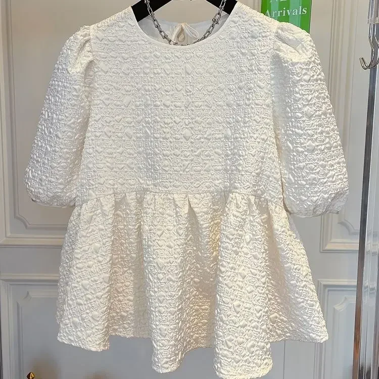 Solid Summer Women Blouses Puff Sleeve Lace Up Kawaii Clothes Shirts Vintage Loose Sweet Blusas Mujer Tops Korean