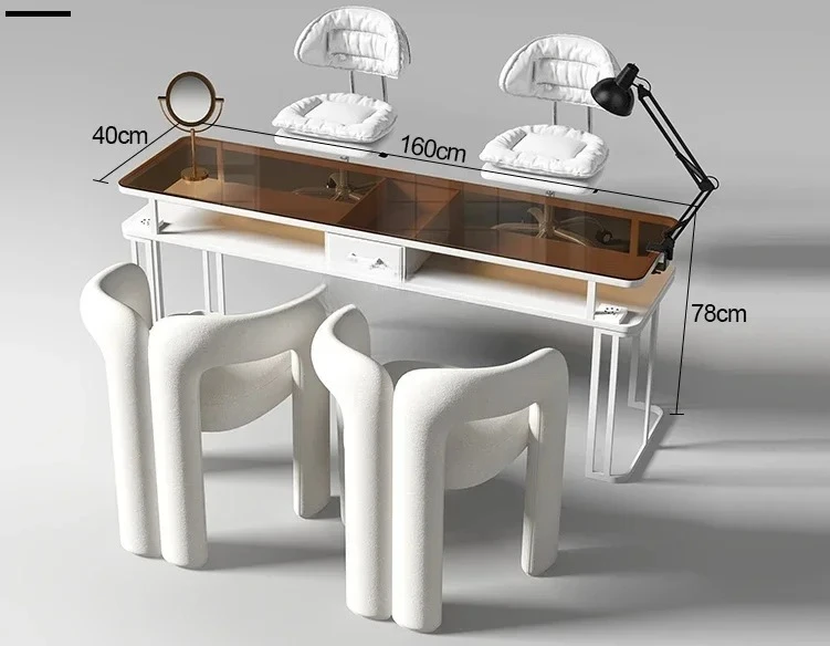 

ss newCaramel Brown Nail Table and Chair Suit Glass Nail Salon Table and Sofa Combination with Socket