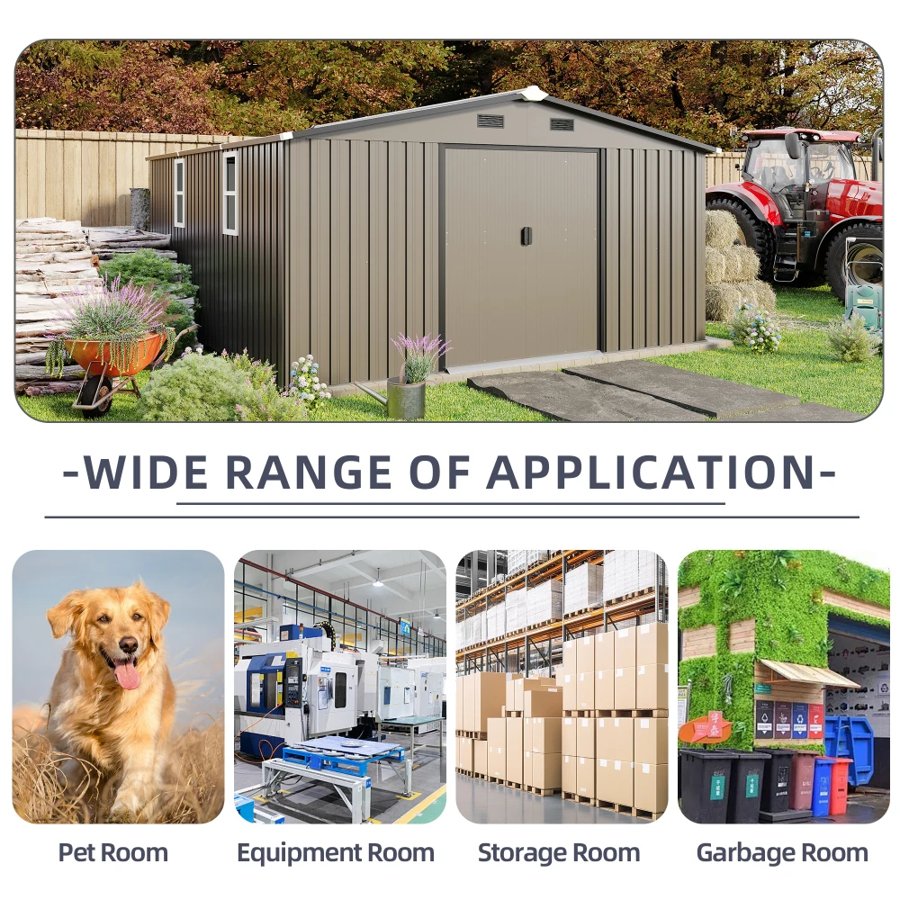10x12ft Metal Storage Shed 0.23mm Color Steel Plate with Protective Film 2 Windows Double Door Outdoor Garden Tool Shed Backyard Garage