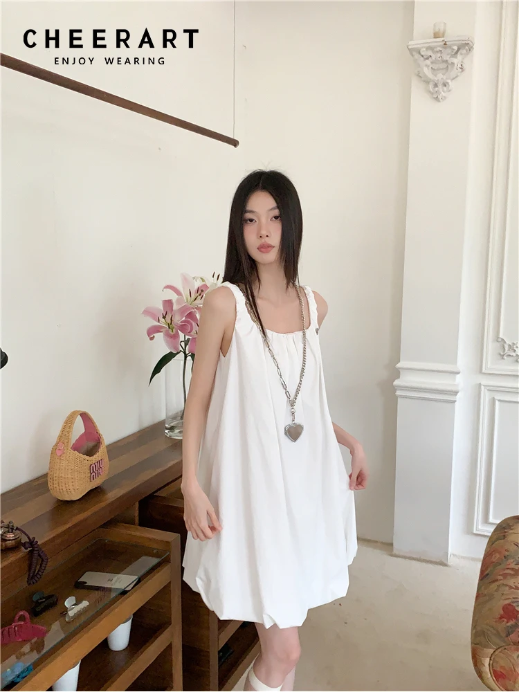 CHEERART White Bud Square Neck Youth Casual Dress For Women Sundress Sleeveless Solid Short Dress Summer Fashion Clothing