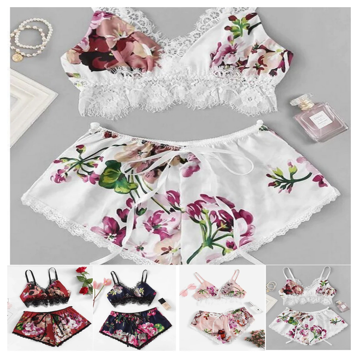 Women Summer Two Pieces Short Sexy Silk Pajamas With Suspenders Lace Thin Ladies Homewear Soft Acrylic Painting Floral Underwear