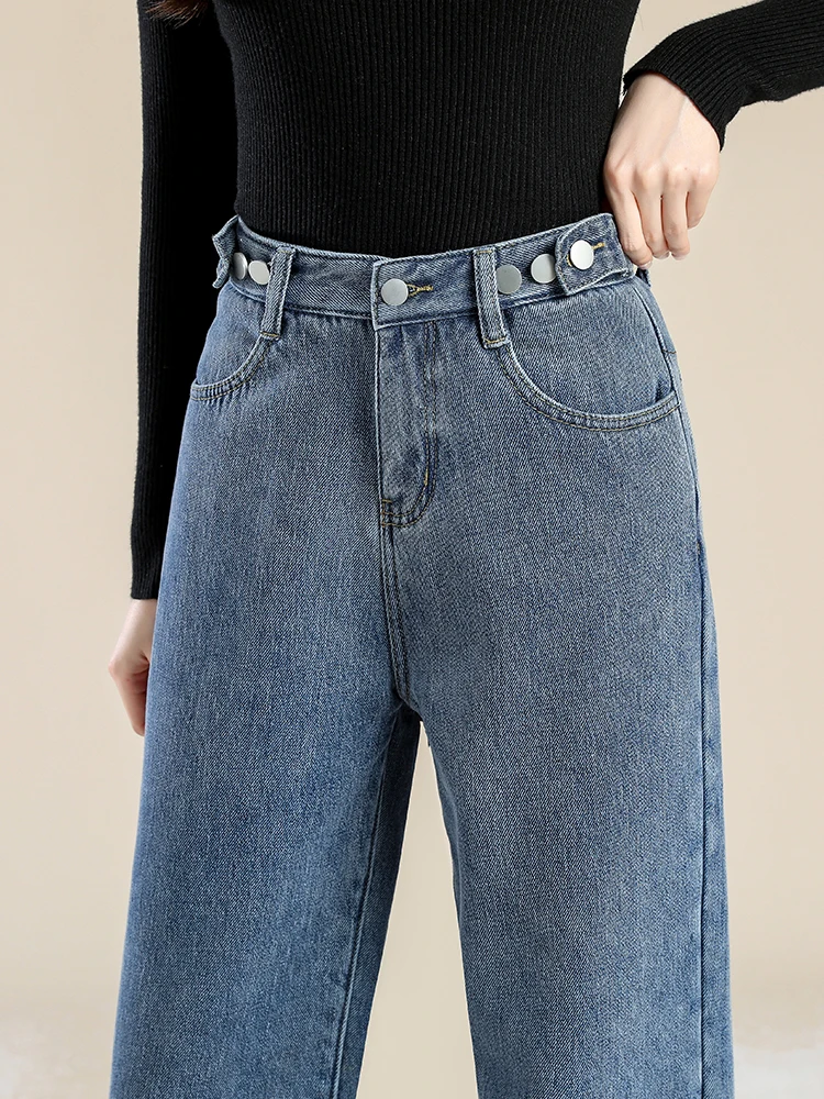 ฤดูใบไม้ผลิ ฤดูร้อน กางเกงยีนส์ขาตรงเอวสูงทรงหลวมสำหรับผู้หญิงไซส์ใหญ่ ผ้าฝ้ายผสมสไตล์เกาหลีลำลอง ช่วยพรางหุ่นให้ดูเพรียว