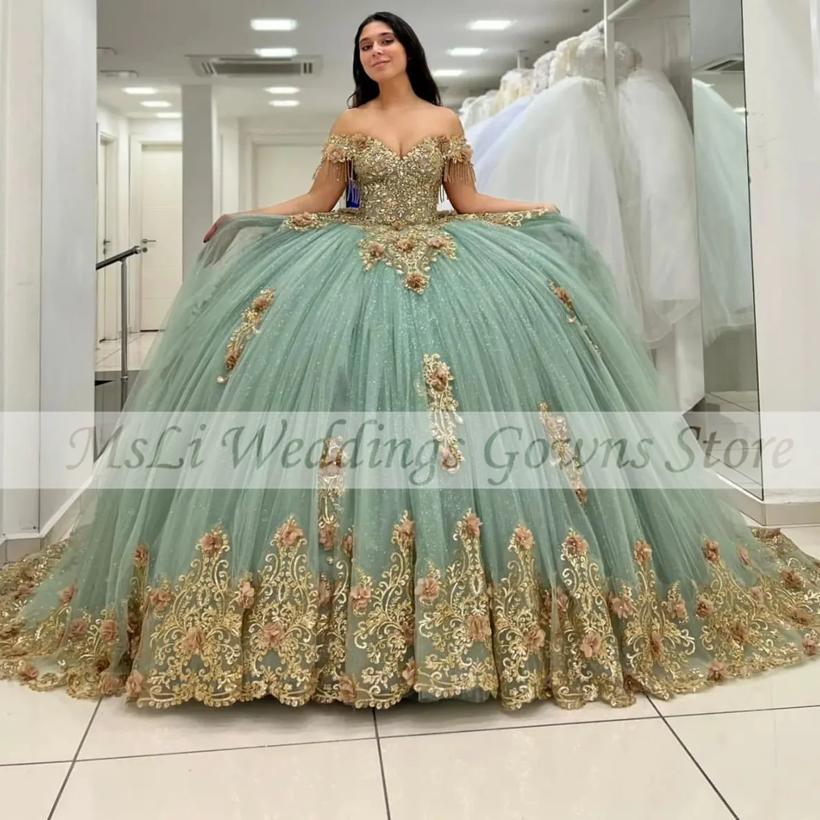 

Luxury Sparkly Quinceanera Dresses For Mexico Girls Gold Appliques Beads Ball Gown 15 Birthday Prom Dress vestidos de fiesta