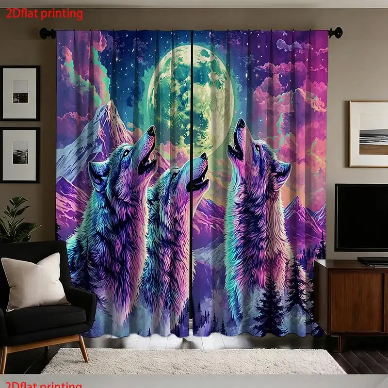 Boho Galaxy Wolf Curtains 2pcs Set Cosmic Moon Print Window Panels Aesthetic Curtain Pair for Modern Home Decor Fantasy Scene Cu
