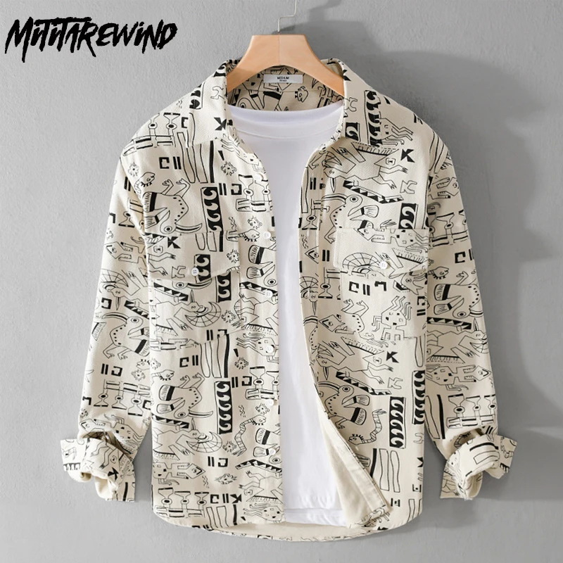 Trend voll bedruckte Hemden Männer Frühling Herbst Vintage Streetwear Cargo Shirt lässig reine Baumwolle Langarmhemd Jugend lose Tops