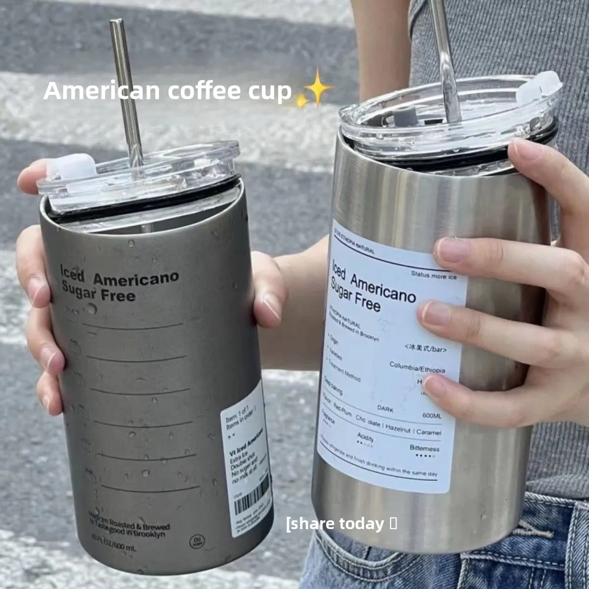 

ins American Bingba Thermos Cold Stainless Steel Coffee Portable Water Large Capacity Accompanying Straw Cup