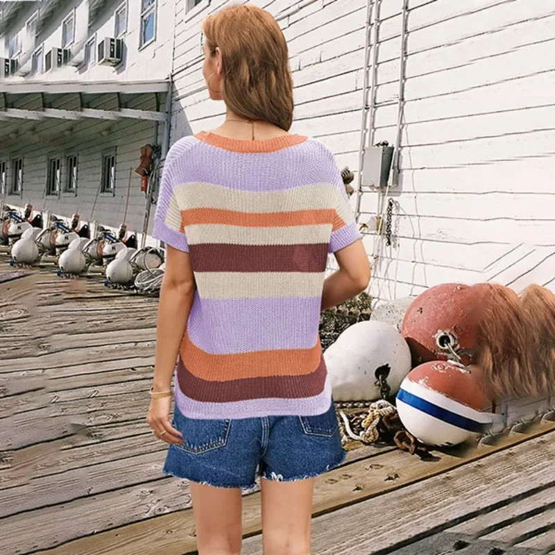 Hot selling women's clothing 2024 Rainbow Stripe Short sleeved Knitted Shirt Large Loose Women's Top for Women SFC13-3
