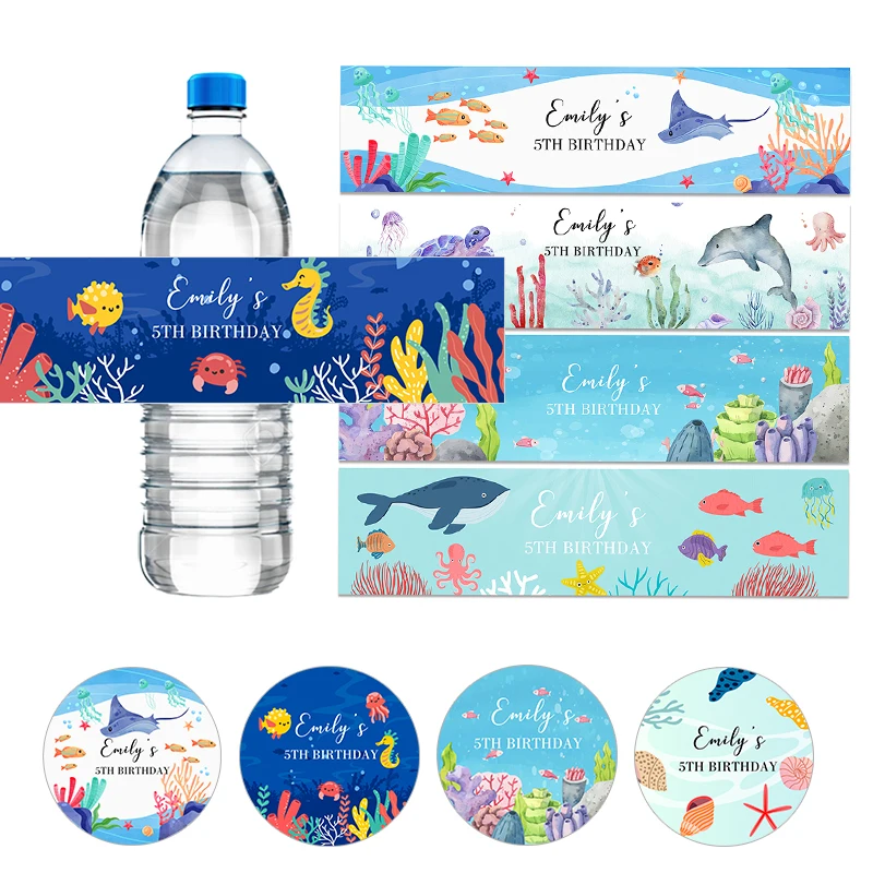Personalized Text Water Bottle Label Stickers Under The Sea Animals Ocean Day Marine Party Birthday Baby Shower Baptism Decor
