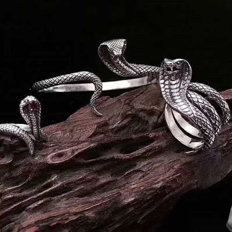 

Personalized retro trendsetter pure silver viper ring for men with adjustable Thai silver cobra ring and retro index finger