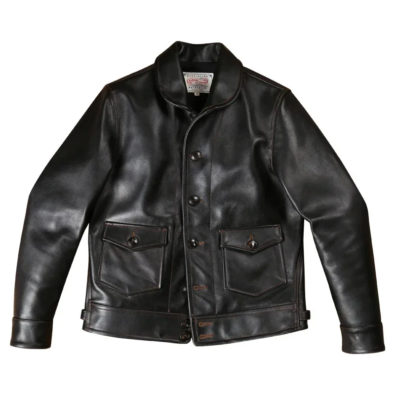 LNY!Wholesales.506 Full Grain Luxury Italy tanned cowhide jacket.Vintage Black classic causal leather coat.Cossack cloth