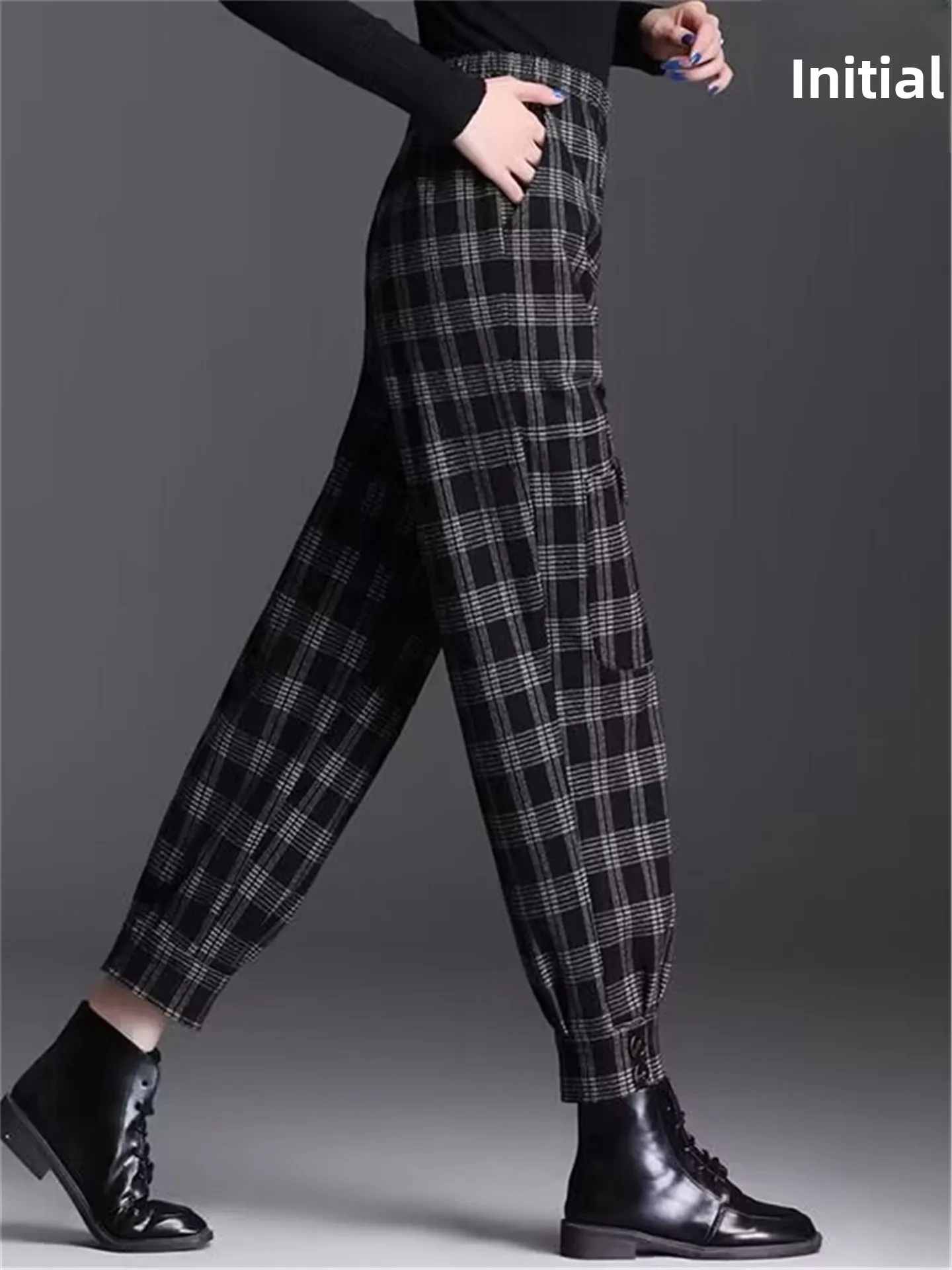 High Waist Tweed Plaid Harlan Pants Women's Autumn Winter New Style Casual Slimming Warmth Cuffed Wide Leg Short Pants